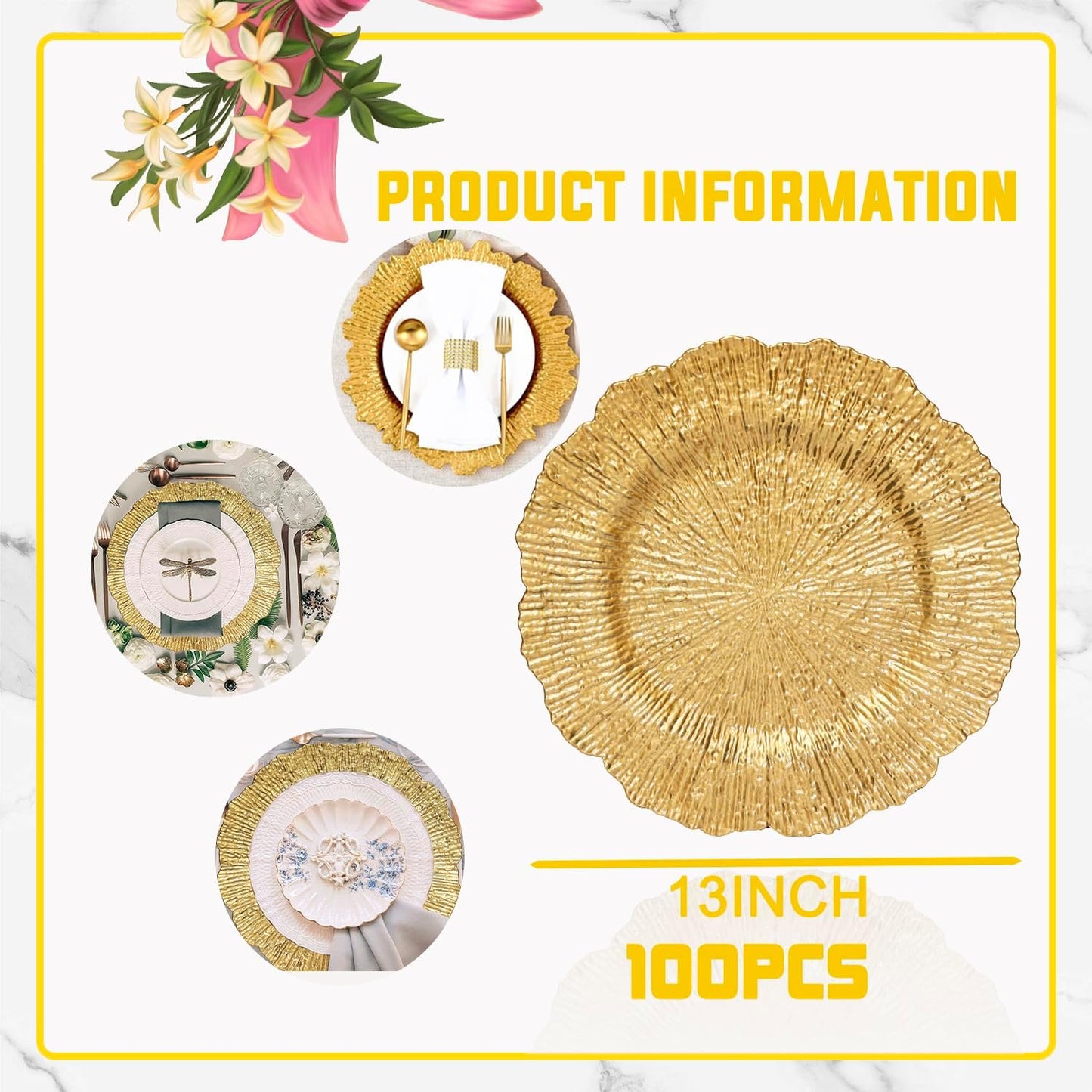 100 Pcs Charger Plates Bulk 13 Inch/Gold Charger Plate 13 in Round Matte Reef Plate Charger Ruffled Rim Dinner Charger Hollow out Flower Holde (100)
