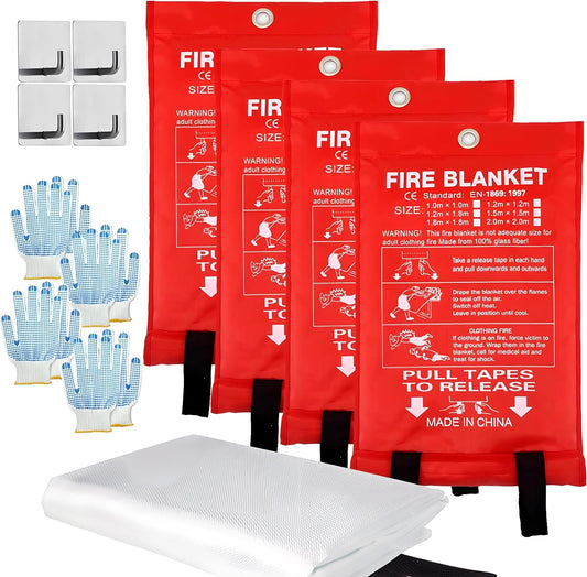 MDH Fire Blanket 40x40 Inches Fiberglass w/Gloves Hooks Whistle - Fireproof Safety for Home, Kitchen, Restaurant, House - Fire Suppression Reusable (Fire Blanket 4-Pack)
