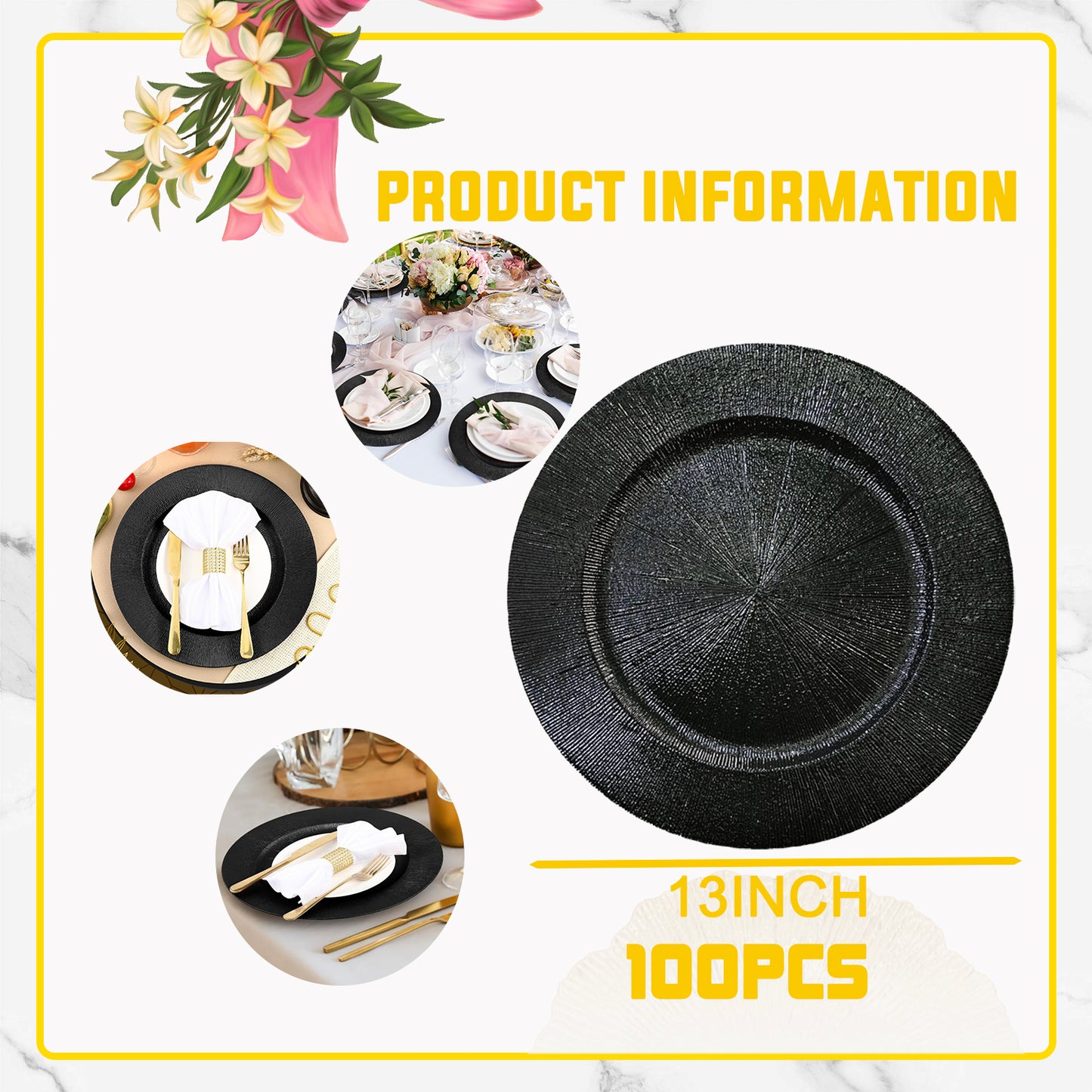 Black Charger Plates Bulk 13 Inch/Black Charger Plate 13 in Round Matte Reef Plate Charger Ruffled Rim Dinner Hollow out Flower Napkin Holde (100pcs)