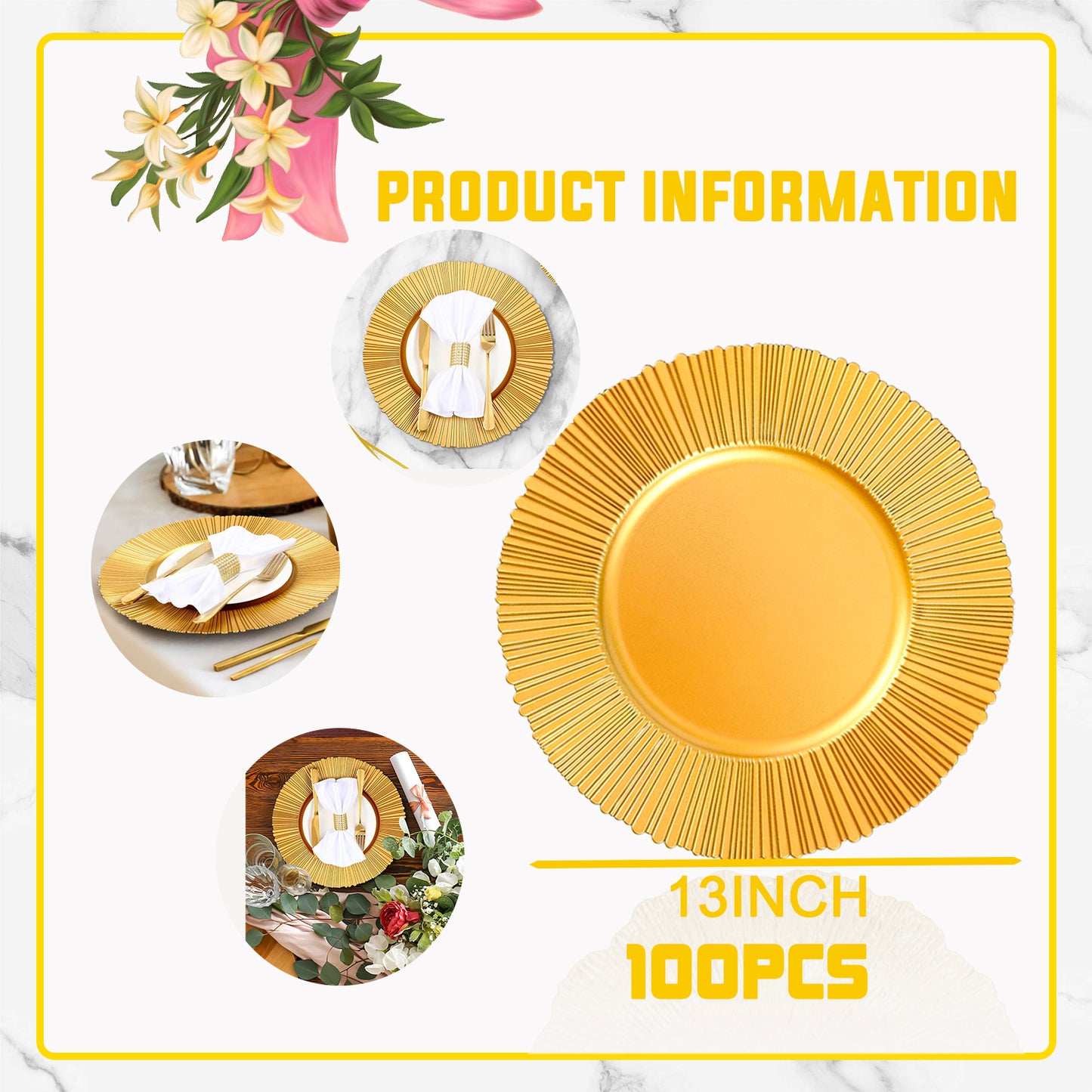 Charger Plates Bulk 13 Inch/Gold Charger Plate 100 pcs 13 in Round Matte Reef Plate Charger Ruffled Rim Dinner Charger Hollow out Flower Holde (100pcs, Gold)