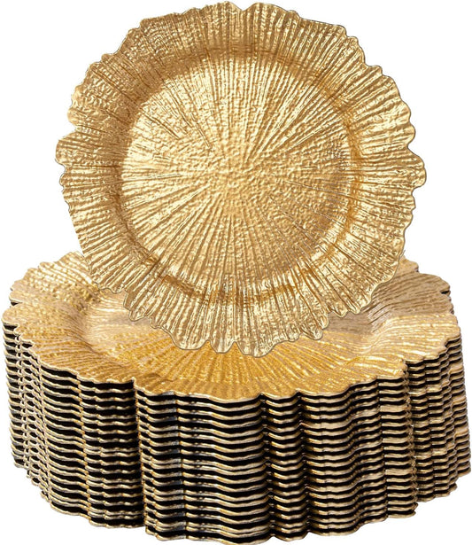 100 Pcs Charger Plates Bulk 13 Inch/Gold Charger Plate 13 in Round Matte Reef Plate Charger Ruffled Rim Dinner Charger Hollow out Flower Holde (100)
