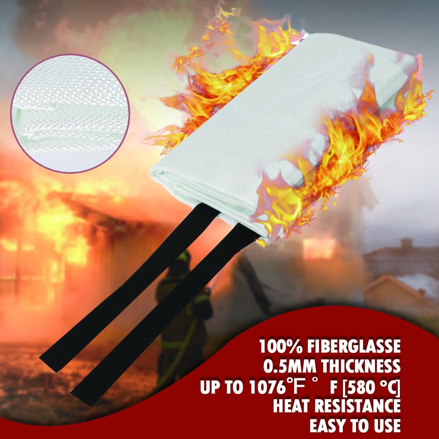MDH Fire Blanket 40x40 inches Fiberglass w/Gloves Hooks Whistle - Fireproof Safety for Home Kitchen Restaurant House - Fire Suppression Reusable (Fire Blanket 2-Pack)